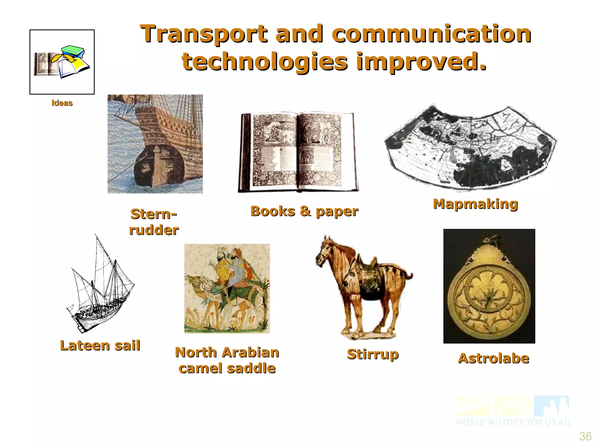 Transport and communication  technologies improved. Astrolabe Lateen sail North Arabian camel saddle Books & paper Stern-rudder Stirrup Mapmaking Ideas 