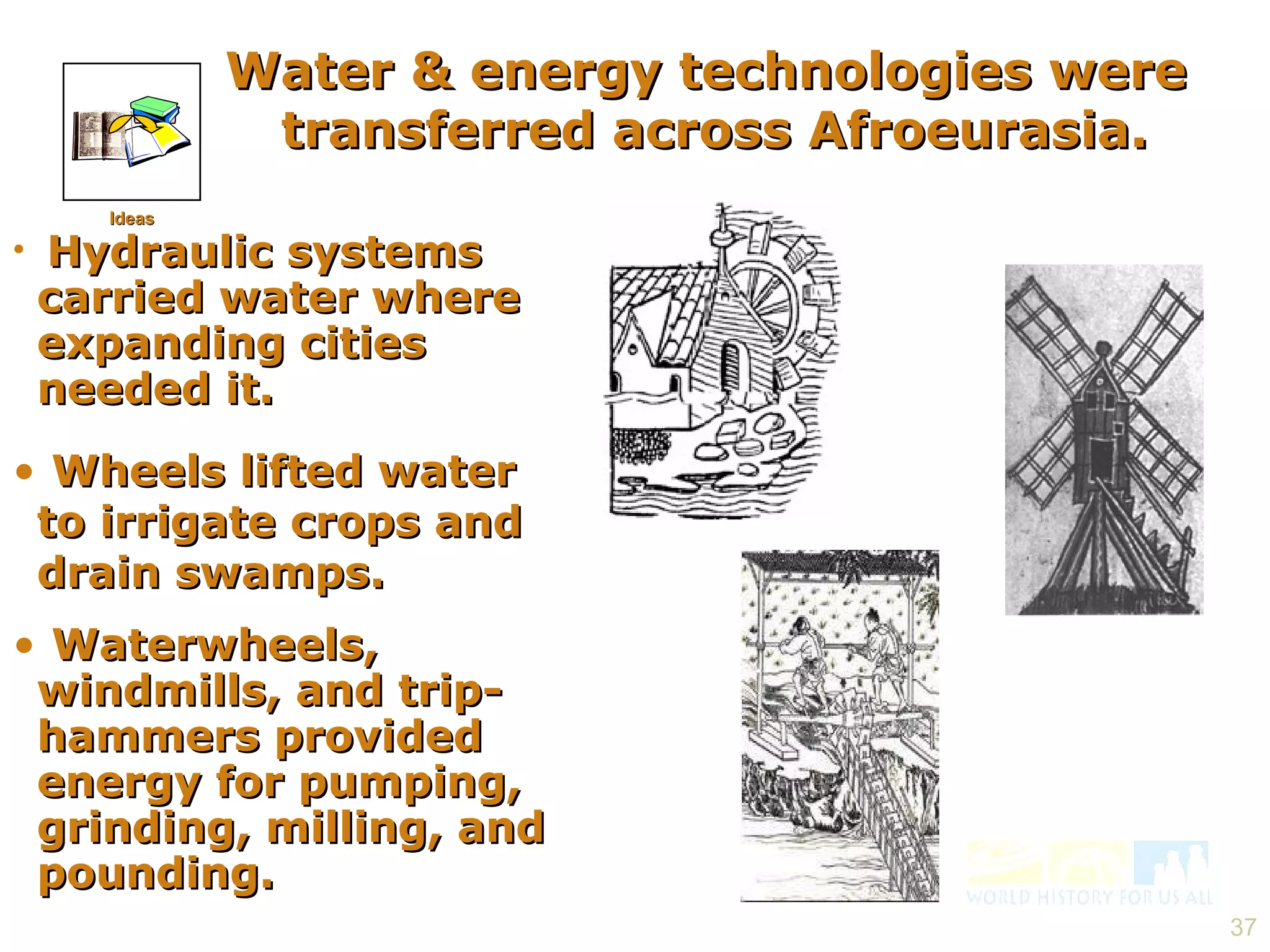 Water & energy technologies were  transferred across Afroeurasia. Hydraulic systems carried water where expanding cities needed it. Wheels lifted water to irrigate crops and drain swamps. Waterwheels, windmills, and trip-hammers provided energy for pumping, grinding, milling, and pounding. Ideas 