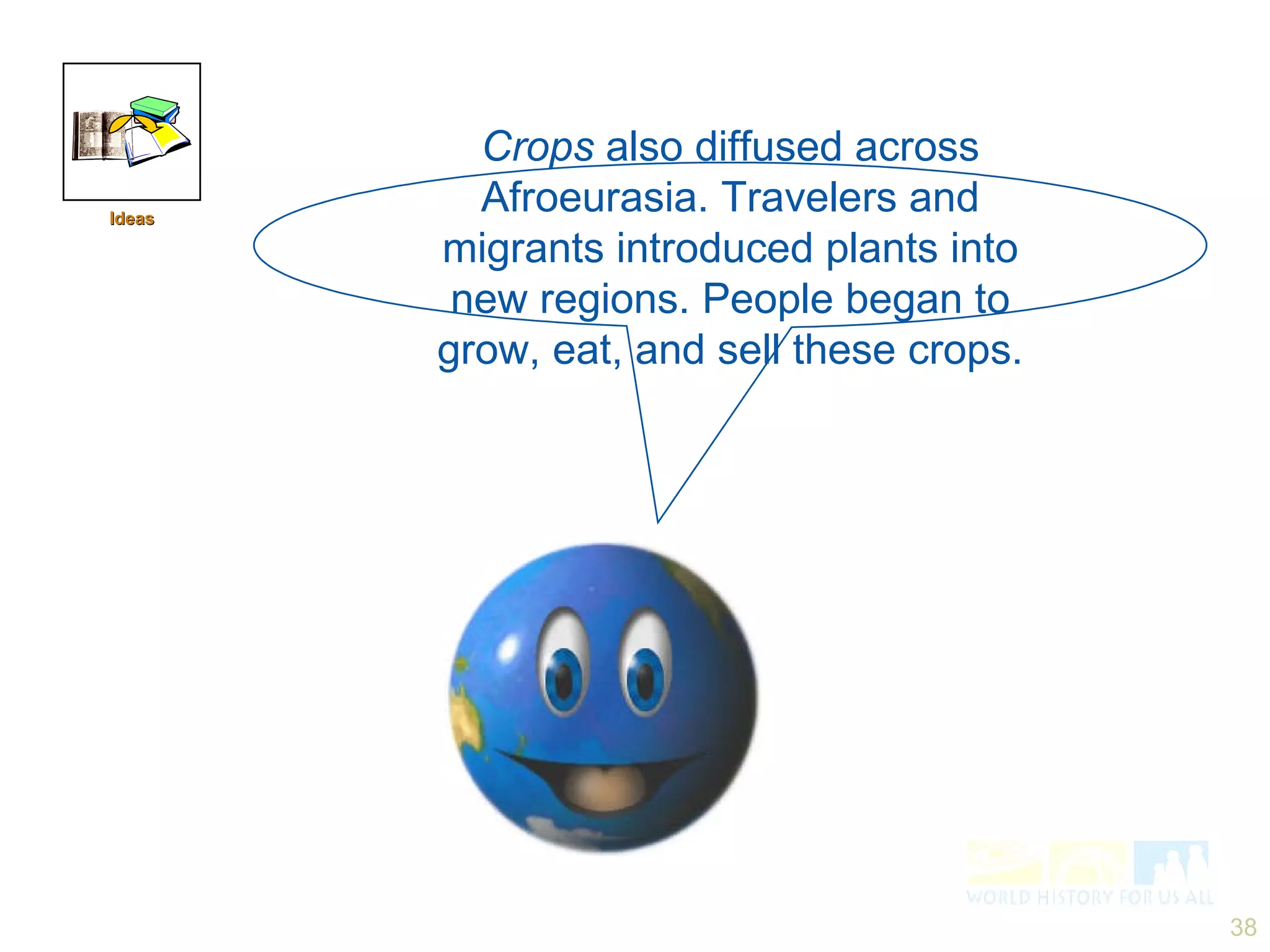 Crops  also diffused across Afroeurasia. Travelers and migrants introduced plants into new regions. People began to grow, eat, and sell these crops. Ideas 