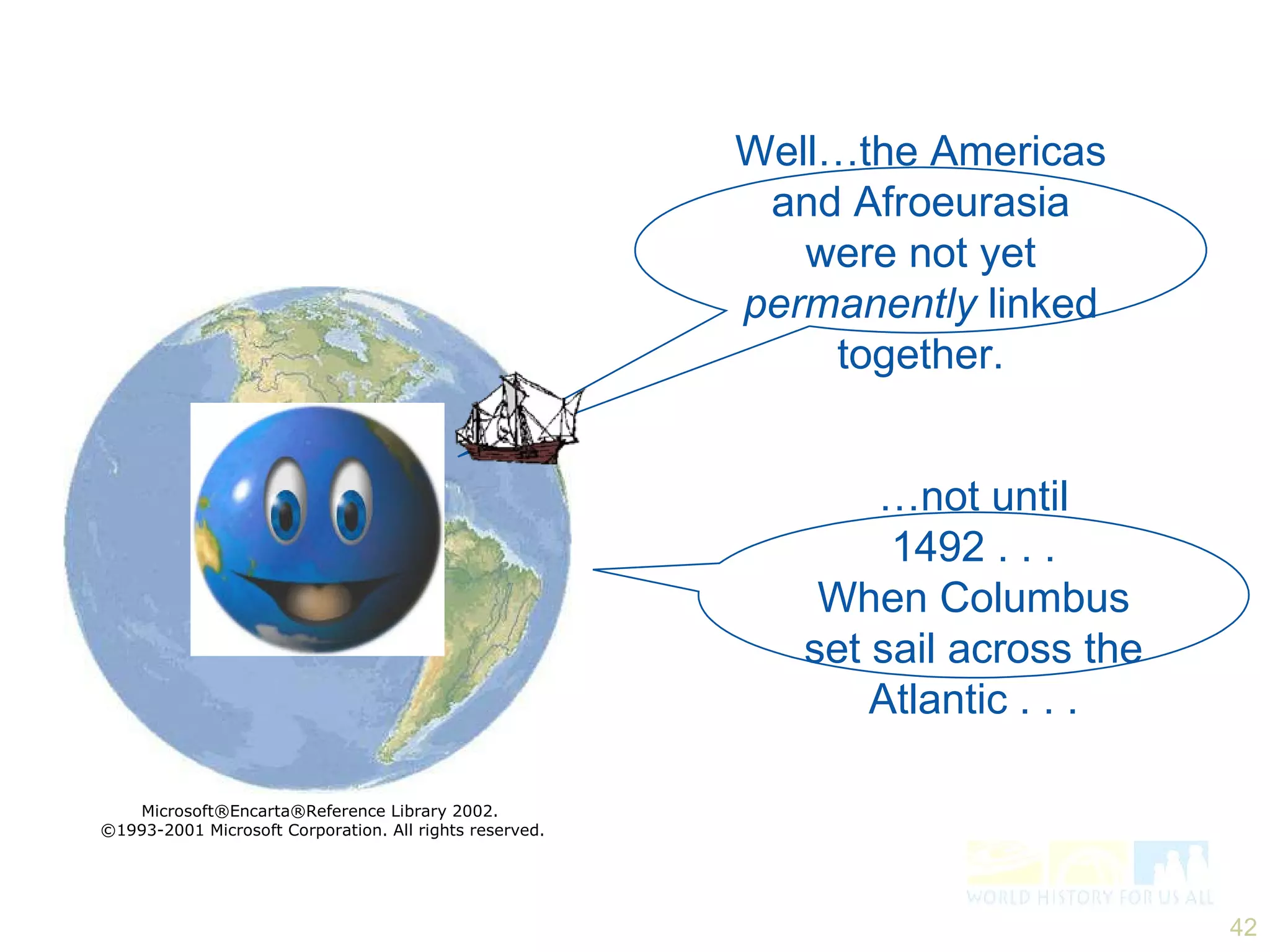 Well…the Americas and Afroeurasia were not yet  permanently  linked together. … not until 1492 . . . When Columbus set sail across the Atlantic . . . Microsoft®Encarta®Reference Library 2002.  ©1993-2001 Microsoft Corporation. All rights reserved. 