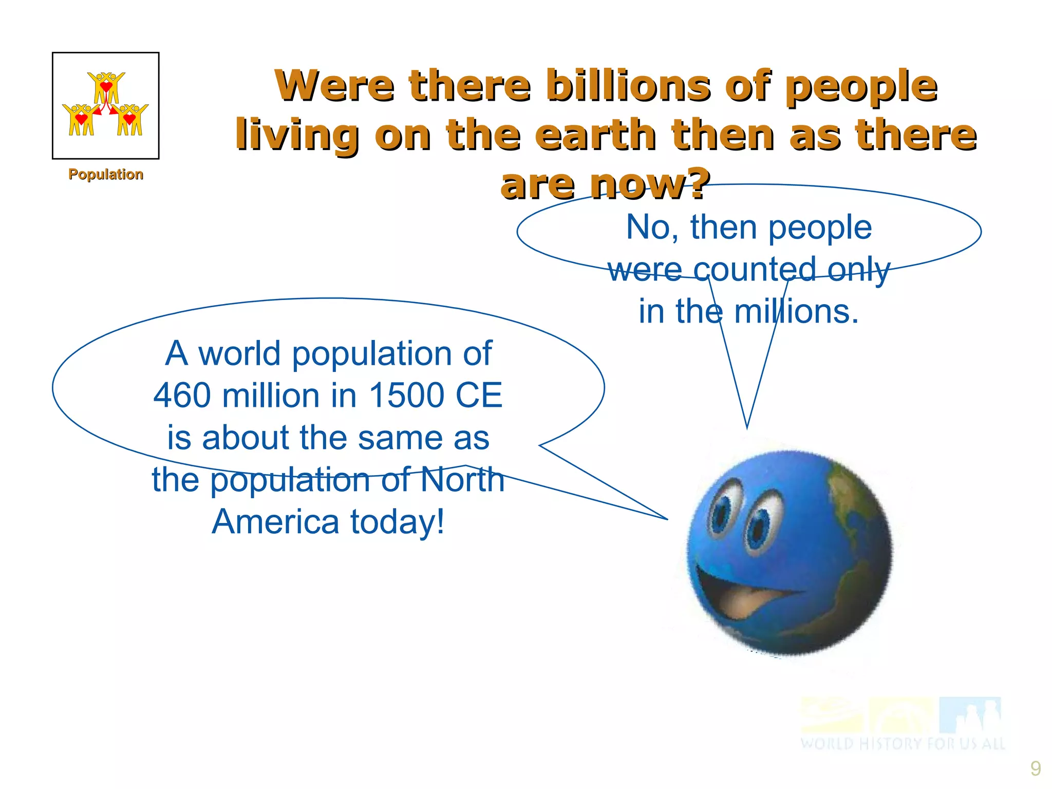 No, then people were counted only in the millions. Were there billions of people living on the earth then as there are now? A world population of 460 million in 1500 CE is about the same as the population of North America today! Population 