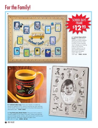 For the Family!
       a



                                                                                SCHOOL DAYS
                                                                                   FRAME
                                                                                $
                                                                                  1 95
                                                                                   2
                                                                               a • school days photo
                                                                               frame Fun photo frame
                                                                               traces your child’s progress
                                                                               through school from start
                                                                               to ﬁnish! A warm-hearted
                                                                               way to display your ongoing
                                                                               pride as your favorite
                                                                               student makes his or her
                                                                               way towards graduation.
                                                                               Wood frame and glass
                                                                               cover. 15¼" x ½" x
                                                                               12½" high. 13854 $12.95




           b                                                               c




       b • school rules mug Honor your teacher or student by
       giving this delightful 10 oz. ceramic mug that has ruler markings
       on the handle. Great to use at work or at school. Microwave and
       dishwasher safe. T1034 $6.95

       c • my ﬁrst year photo frame Silver-tone frame creates a
       miniature gallery of your baby’s ﬁrst year! Twelve oval openings
       surround a large center window; add a photo each month as your
       little one grows. Easel back. Metal with glass cover.
       8¾" x ¾" x 11" high. 39783 $21.95

  22   BIG VALUE



22-23BVS13.indd 2                                                                                        1/25/13 1:09:58 PM
 