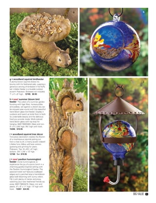 g                 h




    g • woodland squirrel birdfeeder
    A plump brown squirrel shares his                i             j
    bounty with his feathered pals, cupping a
    generous serving of birdseed in his fluffy
    tail. Lifelike feeder is a lovable outdoor
    accent! Polyresin. Birdseed not included.
    7" x 4" x 6" high. 12785 $9.95

    h • new! summer bloom bird
    feeder The colors of a summer garden
    bursting with tiger lilies, honeysuckles
    and azaleas, set against a vibrant sky can
    be enjoyed year–round with this beautiful
    hand blown glass bird feeder. Display it
    outdoors and watch as birds flock to both
    its undeniable beauty and the delicious
    food you provide inside. Multi-colored
    hand blown glass with top loop for
    hanging. 849179003463. Glass and iron.
    5" x 5" x 5¾" high; 9½" high with hook.
    15096 $19.95

    i • woodland squirrel tree décor
    Two-piece decoration creates the illusion
    of a mischievous squirrel poking out
    from a tree trunk; a merry accent indeed!
    Lifelike furry fellow will have visitors
    guessing and grinning for years.
    Polyresin. Top: 4"x 4½" x 6" high;
    bottom: 3¼" x 2¾" x 10" high.
    12788 Set $19.95

    j • new! pavilion hummingbird
    feeder Invite hummingbirds to
    experience the joy of a picnic lunch in a
    charming gazebo-inspired setting with
    the Pavilion Hummingbird Feeder. The
    pastoral metal roof features scalloped
    edges and is perched atop a hand-blown
    glass bulb blooming with sunny colors.
    Fill it with plenty of nectar and enjoy
    watching your new feathered friends sip
    away. 849179003470. Glass, iron and
    plastic. 6" x 6" x 11" high; 13" high with
    hook. 15097 $24.95

                                                         Big Value     5




04-05BVS13.indd 3                                          1/25/13 12:17:53 PM
 