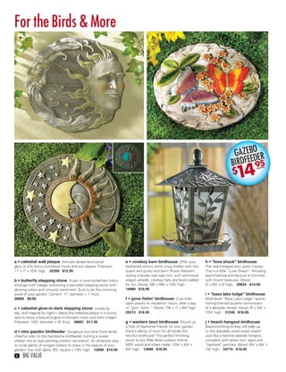 For the Birds & More
       a                                                                                b




                                                                                                                                          GAZEBOER
       c                                                                                d

                                                                                                                                                D
                                                                                                                                         BIRDFEE 95
                                                                                                                                         $  14




  a • celestial wall plaque Intricate details lend astral              e • cowboy barn birdhouse Offer your              h • “love shack” birdhouse
  glory to this starry stone-look moon and sun plaque. Polyresin.      feathered visitors some snug shelter with this    The heart-shaped door gives it away:
  11" x 1" x 10½" high. 32269 $12.95                                   quaint and quirky bird barn! Rustic Western       This is a little “Love Shack!” Amusing
                                                                       styling includes real rope trim, with whimsical   asymmetrical architecture is trimmed
  b • butterﬂy stepping stone A pair of vivid butterﬂies frolics       wagon wheels, cowboy hats and boots added         with forest treasures. Wood.
  amongst lush foliage, enlivening a bas-relief stepping stone with    for fun. Wood. 3⅜" x 6⅝" x 10½" high.             8" x 6½" x 8" high. 29634 $14.95
  glowing colors and romantic sentiment. Sure to be the crowning       14960 $16.95
  jewel of your garden. Cement. 11" diameter x 1" thick.                                                                 i • “bass lake lodge” birdhouse
  38805 $9.95                                                          f • gone ﬁshin’ birdhouse Cute little             Multi-level “Bass Lake Lodge” sports
                                                                       cabin awaits its residents’ return, after a day   ﬁshing-themed accents reminiscent
  c • celestial glow-in-dark stepping stone Lovely by                  of “goin’ ﬁshin’.” Wood. 7⅞" x 7" x 8¼" high.     of a lakeside retreat. Wood. 8" x 5¾" x
  day, and magical by night— place this celestial plaque in a sunny    29313 $16.95                                      10¼" high. 31245 $16.95
  spot to enjoy a beautiful glow-in-the-dark moon and stars image!
  Polyresin. 10½" diameter x ½" thick. 39697 $17.95                    g • western boot birdhouse Round up               j • beach hangout birdhouse
                                                                       a host of feathered friends for your garden;      Beachcombing birdies will belly up
  d • vine gazebo birdfeeder Gorgeous two tone ﬁnish lends             there’s plenty of room for all inside this        to this adorable wood snack shack!
  cheerful color to this handsome birdfeeder, turning a sweet          fanciful birdhouse! The perfect ﬁnishing          Just like a favorite seaside hangout,
  shelter into an eye-catching outdoor decoration. An attractive way   touch to any Wild West outdoor theme.             complete with straw roof, signs and
  to invite plenty of winged visitors to share in the beauty of your   MDF wood and sheet metal. 10¼" x 4¼" x            “barstool” perches. Wood. 8¼" x 8¼" x
  garden! Iron with glass. 6½" square x 10½" high. 13998 $14.95        9¼" high. 13906 $16.95                            7¾" high. 34715 $16.95
   6       BIG VALUE



06-07BVS13.indd 2                                                                                                                                     1/25/13 12:28:27 PM
 