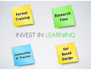 F ormal         Re search
Tra ining          Time


INVEST IN LEARNING

                    Set
Comm  unities      Based
      ractice
 of P              D esign
 
