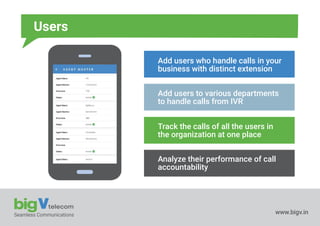 Seamless Communications www.bigv.in
Users
Add users who handle calls in your
business with distinct extension
Add users to various departments
to handle calls from IVR
Track the calls of all the users in
the organization at one place
Analyze their performance of call
accountability
 
