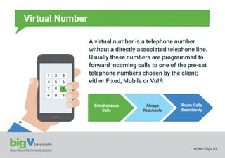 Seamless Communications www.bigv.in
Virtual Number
1 2 3
4 5 6
7 8 9
0
A virtual number is a telephone number 
without a directly associated telephone line.
Usually these numbers are programmed to
forward incoming calls to one of the pre-set
telephone numbers chosen by the client;
either Fixed, Mobile or VoIP.
Simultaneous
Calls
Always
Reachable
Route Calls
Seamlessly
1 2 3
4 5 6
7 8 9
0* #+
 