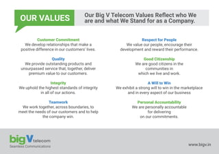 OUR VALUES Our Big V Telecom Values Reﬂect who We
are and what We Stand for as a Company.
Seamless Communications www.bigv.in
Customer Commitment
We develop relationships that make a
positive difference in our customers' lives.
Quality
We provide outstanding products and
unsurpassed service that, together, deliver
premium value to our customers.
Integrity
We uphold the highest standards of integrity
in all of our actions.
Teamwork
We work together, across boundaries, to
meet the needs of our customers and to help
the company win.
Respect for People
We value our people, encourage their
development and reward their performance.
Good Citizenship
We are good citizens in the
communities in
which we live and work.
A Will to Win
We exhibit a strong will to win in the marketplace
and in every aspect of our business
Personal Accountability
We are personally accountable
for delivering
on our commitments.
 
