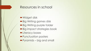 Resources in school 
Widget disk 
Big Writing games disk 
Big Writing purple folder 
Big impact strategies book 
Literacy boxes 
Punctuation posters 
Pyramids – big and small 
 