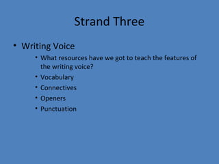 Strand Three
• Writing Voice
• What resources have we got to teach the features of
the writing voice?
• Vocabulary
• Connectives
• Openers
• Punctuation

 