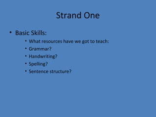 Strand One
• Basic Skills:
•
•
•
•
•

What resources have we got to teach:
Grammar?
Handwriting?
Spelling?
Sentence structure?

 