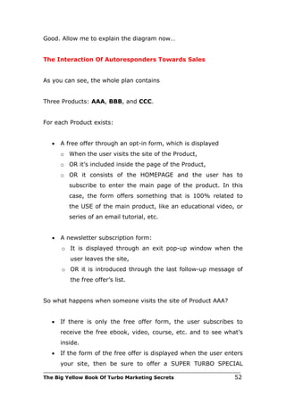 Good. Allow me to explain the diagram now…


The Interaction Of Autoresponders Towards Sales


As you can see, the whole plan contains


Three Products: AAA, BBB, and CCC.


For each Product exists:


   •   A free offer through an opt-in form, which is displayed
       o When the user visits the site of the Product,
       o OR it’s included inside the page of the Product,
       o OR it consists of the HOMEPAGE and the user has to
          subscribe to enter the main page of the product. In this
          case, the form offers something that is 100% related to
          the USE of the main product, like an educational video, or
          series of an email tutorial, etc.


   •   A newsletter subscription form:
       o It is displayed through an exit pop-up window when the
          user leaves the site,
       o OR it is introduced through the last follow-up message of
          the free offer’s list.


So what happens when someone visits the site of Product AAA?


   •   If there is only the free offer form, the user subscribes to
       receive the free ebook, video, course, etc. and to see what’s
       inside.
   •   If the form of the free offer is displayed when the user enters
       your site, then be sure to offer a SUPER TURBO SPECIAL
___________________________________________________________________________
The Big Yellow Book Of Turbo Marketing Secrets                          52
 