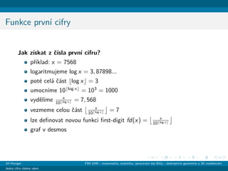 Funkce prvn´ı cifry
Jak z´ıskat z ˇc´ısla prvn´ı cifru?
pˇr´ıklad: x = 7568
logaritmujeme log x = 3, 87898...
pot´e cel´a ˇc´ast log x = 3
umocn´ıme 10 log x
= 103
= 1000
vydˇel´ıme x
10 log x = 7, 568
vezmeme celou ˇc´ast x
10 log x = 7
lze deﬁnovat novou funkci ﬁrst-digit fd(x) = x
10 log x
graf v desmos
Jiˇr´ı Haviger FIM UHK - matematika, statistika, zpracov´an´ı dat BiGy - deskriptivn´ı geometrie a 3D modelov´an´ı
Jedna cifra vl´adne vˇsem
 