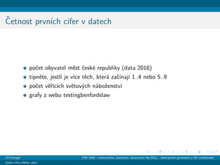 ˇCetnost prvn´ıch cifer v datech
poˇcet obyvatel mˇest ˇcesk´e republiky (data 2018)
tipnˇete, jestli je v´ıce tˇech, kter´a zaˇc´ınaj´ı 1..4 nebo 5..9
poˇcet vˇeˇr´ıc´ıch svˇetov´ych n´aboˇzenstv´ı
grafy z webu testingbenfordslaw
Jiˇr´ı Haviger FIM UHK - matematika, statistika, zpracov´an´ı dat BiGy - deskriptivn´ı geometrie a 3D modelov´an´ı
Jedna cifra vl´adne vˇsem
 