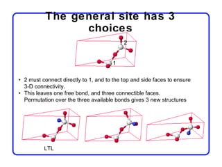 The general site has 3
                 choices
                                           2


                                      1


• 2 must connect directly to 1, and to the top and side faces to ensure
  3-D connectivity.
• This leaves one free bond, and three connectible faces.
  Permutation over the three available bonds gives 3 new structures




          LTL
 