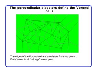 The perpendicular bisectors define the Voronoi
                     cells




The edges of the Voronoi cell are equidistant from two points.
Each Voronoi cell “belongs” to one point.
 