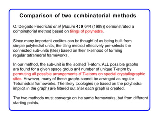 Comparison of two combinatorial methods
O. Delgado Friedrichs et al (Nature 400 644 (1999)) demonstrated a
combinatorial method based on tilings of polyhedra.

Since many important zeolites can be thought of as being built from
simple polyhedral units, the tiling method effectively pre-selects the
connected sub-units (tiles) based on their likelihood of forming
regular tetrahedral frameworks.

In our method, the sub-unit is the isolated T-atom. ALL possible graphs
are found for a given space group and number of unique T-atom by
permuting all possible arrangements of T-atoms on special crystallographic
sites. However, many of these graphs cannot be arranged as regular
Tetrahedral frameworks. The likely topologies (ie based on the polyhedra
implicit in the graph) are filtered out after each graph is created.

The two methods must converge on the same frameworks, but from different
starting points.
 