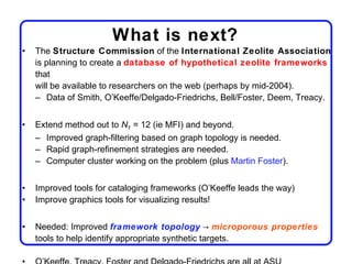 What is next?
•   The Structure Commission of the International Zeolite Association
    is planning to create a database of hypothetical zeolite frameworks
    that
    will be available to researchers on the web (perhaps by mid-2004).
    – Data of Smith, O’Keeffe/Delgado-Friedrichs, Bell/Foster, Deem, Treacy.


•   Extend method out to NT = 12 (ie MFI) and beyond.
    – Improved graph-filtering based on graph topology is needed.
    – Rapid graph-refinement strategies are needed.
    – Computer cluster working on the problem (plus Martin Foster).


•   Improved tools for cataloging frameworks (O’Keeffe leads the way)
•   Improve graphics tools for visualizing results!


•   Needed: Improved framework topology → microporous properties
    tools to help identify appropriate synthetic targets.
 