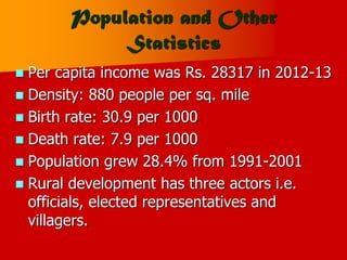 Population and Other
Statistics
 Per capita income was Rs. 28317 in 2012-13
 Density: 880 people per sq. mile
 Birth rate: 30.9 per 1000
 Death rate: 7.9 per 1000
 Population grew 28.4% from 1991-2001
 Rural development has three actors i.e.
officials, elected representatives and
villagers.
 