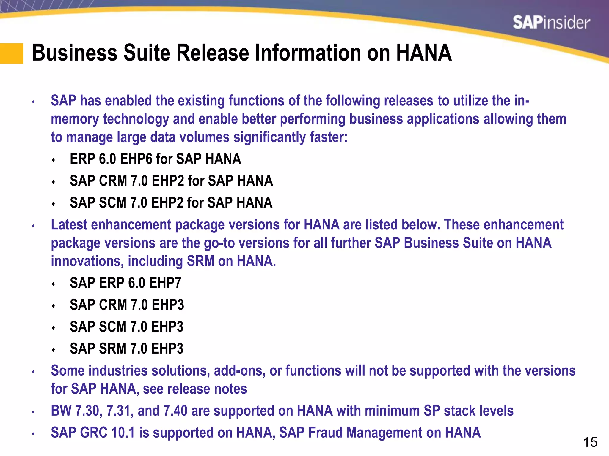 15
Business Suite Release Information on HANA
• SAP has enabled the existing functions of the following releases to utilize the in-
memory technology and enable better performing business applications allowing them
to manage large data volumes significantly faster:
 ERP 6.0 EHP6 for SAP HANA
 SAP CRM 7.0 EHP2 for SAP HANA
 SAP SCM 7.0 EHP2 for SAP HANA
• Latest enhancement package versions for HANA are listed below. These enhancement
package versions are the go-to versions for all further SAP Business Suite on HANA
innovations, including SRM on HANA.
 SAP ERP 6.0 EHP7
 SAP CRM 7.0 EHP3
 SAP SCM 7.0 EHP3
 SAP SRM 7.0 EHP3
• Some industries solutions, add-ons, or functions will not be supported with the versions
for SAP HANA, see release notes
• BW 7.30, 7.31, and 7.40 are supported on HANA with minimum SP stack levels
• SAP GRC 10.1 is supported on HANA, SAP Fraud Management on HANA
 
