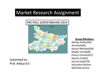 Market Research Assignment
Group Members:
Akshay Amber(04)
Amritesh(05)
Kumar Abhishek(36)
Madhu Vinita(40)
Prasun Chandra(57)
Rajnish Jha(65)
Saurav Singh(78)
Vasundhra Keshav
Bashishta Kumar
PRE POLL SURVEY(BIHAR)-2014
Submitted to:
Prof. Aditya K.V.
 