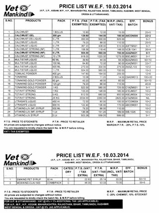 Vet 0/
MankindIlls
PRICE LIST W.E.F. 10.03.2014
(A.P., U.P., ASSAM, M.P., H.P., MAHARASHTRA, RAJASTHAN, BIHAR, TAMILNADU, KASHMIR, WEST BENGAL,
ORISSA & UTTARAKHAND)
S.NO. PRODUCTS PACK P.T.S. (TAX
EXEMPTED)
P.T.R. (TAX
EXEMPTED)
M.R.P. (INCL.
VAT/ TAX)
EFF.
BATCH
BONUS
1 CALCIMUST 1 BOLUS 10.80 12.00 15.00 25+5
2 CALCIMUST GEL 300 gm 129.60 144.00 180.00 A4CON005 22+2
3 CALCIMUST-DS LIQUID 5 LTR. 450.00 500.00 625.00 5+1
4 CALCIMUST LIQUID 1 LTR. 79.20 88.00 110.00 25+5
5 CALCIMUST LIQUID 5 LTR. 367 20 408.00 510.00 AOFTM001 5+1
6 CALCIMUST STRONG (NF) 1 LTR. 106.56 118.40 148.00 VCB-1041 26+4
7 CALCIMUST STRONG (NF) 5 LTR. 504.00 560.00 700.00 A2AZNO21 5+1
8 CALCIMUST STRONG (NF) 10 LTR. 918.00 1020.00 1275.00 B5EJM001 5+1
9 MULTISTAR LIQUID 60 ML 39.60 44.00 55.00 B2AZMO03 50+10
10 MULTISTAR LIQUID 100 ML 64.80 72.00 90.00 A3AZMO01 33+7
11 MULTISTAR LIQUID 500 ML 270.00 300.00 375 00 A4AZL103 10+2
12 MULTISTAR LIQUID 1 LTR 504.00 560.00 700 00 15+3
13 TOMILAC POWDER 400 gm 147.60 164.00 205.00 12+6
14 TONAKIND 2 BOLUS 10.08 11.20 14.00 C9ADM013 100+20
15 TONAKIND-GOLD POWDER 60 gm 43.20 48.00 60.00 50+10
16 TONAKIND-GOLD POWDER 125 gm 79.20 88.00 110.00 40+8
17 TONAKIND-GOLD POWDER 1 KG 522.00 580.00 725.00 C1AZMO01 5+1
18 TOTAVIT STRONG 1 KG 133.20 148.00 185.00 A1EJMO27 10+2
19 TOTAVIT STRONG 5 KG 612.00 680.00 850 00 A5EJM004 10+2
20 TOTAVIT STRONG 25 KG 2034.00 2260.00 2825.00 A7AZMO24 NIL
21 UTRASAFE LIQUID 450 ml 72.00 80.00 100.00 A7COM004 10+2
22 UTRASAFE LIQUID 900 ml 122 40 136.00 170.00 A8COM001 10+2
23 VITAKIND-LIV (NF) SYRUP 500 ML 79.20 88.00 110.00 10+2
24 VITAKIND-LIV (NF) SYRUP 1 Ltr 136.08 151.20 189.00 WB-1026 10+2
25 VITAKIND-LIV SYRUP 5 Ltr 503.28 559.20 . 699.00 5+1
P.T.S - PRICE TO STOCKISTS P.T.R - PRICE TO RETAILER
All prices are subjected to changes without notice.
You are requested to kindly check the batch No. & M.R.P before billing.
M.R.P. - MAXIMUM RETAIL PRICE
MARGIN P.T.R. - 20%, P.T.S.-10%
VAT / TAX EXEMPTED
Vet COD/
MankindIll•
PRICE LIST W.E.F. 10.03.2014
(A.P., U.P., ASSAM, M.P., H.P., MAHARASHTRA, RAJASTHAN, BIHAR, TAMILNADU,
KASHMIR, WEST BENGAL, ORISSA & UTTARAKHAND)
S.NO., PRODUCTS PACK CATEG
ORY
-- --
P.T.S, (VAT
/ TAX
EXTRA)
P.T.R.
(VAT / TAX
EXTRA)
M.R.P.
(INCL. VAT/
TAX)
EFF.
BATCH
BONUS
1 EMIKIND PET SYRUP 30 ml C 22.63 25.14 33.00 50+10
2 MOXIKIND-CLAV 600 COMBIPACK C 48.00 53.33 70.00 55+5
P.T.S - PRICE TO STOCKISTS P.T.R - PRICE TO RETAILER M.R.P. - MAXIMUM RETAIL PRICE
All prices are subjected to changes without notice. C -20% -CHEMIST, 10% -STOCKIST
You are requested to kindly check the batch No. & M.R.P before billing.
FOR U.P. & UTTARAKHAND - VAT @ 4%+ 1% ADDITIONAL TAX (AS APPLICABLE)
FOR A.P., M.P., H.P., ASSAM, MAHARASHTRA, RAJASTHAN, BIHAR, TAMILNADU, KASHMIR
WEST BENGAL & ORISSA - VAT @ 5% (AS APPLICABLE)
 