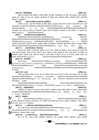 [100][100][100][100][100]
mPpekè;fedmPpekè;fedmPpekè;fedmPpekè;fedmPpekè;fed(XI-XII) ikB~;ozQe&ikB~;ozQe&ikB~;ozQe&ikB~;ozQe&ikB~;ozQe&2007-09
bdkbZ&bdkbZ&bdkbZ&bdkbZ&bdkbZ&III %jsfM;kslfozQ;rk%jsfM;kslfozQ;rk%jsfM;kslfozQ;rk%jsfM;kslfozQ;rk%jsfM;kslfozQ;rk (ihfj;M&(ihfj;M&(ihfj;M&(ihfj;M&(ihfj;M&10)))))
Ñf=ke ,oa izkÑfrd jsfM;ks lfozQ;rk] mRlftZr fofdj.k dh izÑfr] jsfM;kslfozQ;rk ds fu;e] v¼Z vk;qdky] vkSlr vk;qdky]
nzO;eku {kfr] ukfHkd dh ca/u ÅtkZ] ukfHkdh; vfHkfozQ;kvksa dks larqfyr djuk] ukfHkdh; fo[kaMu] ukfHkdh; lay;u] leLFkkfud]
leHkkfjd] leU;wVªkWfud A
bdkbZ&bdkbZ&bdkbZ&bdkbZ&bdkbZ&IV % rRoksa dk oxhZdj.k ,oa xq.kksa dk vkoÙkhZdj.k% rRoksa dk oxhZdj.k ,oa xq.kksa dk vkoÙkhZdj.k% rRoksa dk oxhZdj.k ,oa xq.kksa dk vkoÙkhZdj.k% rRoksa dk oxhZdj.k ,oa xq.kksa dk vkoÙkhZdj.k% rRoksa dk oxhZdj.k ,oa xq.kksa dk vkoÙkhZdj.k (ihfj;M&(ihfj;M&(ihfj;M&(ihfj;M&(ihfj;M&12)))))
oxhZdj.k dk egRo] vkoÙkZ lkj.kh fodkl dk laf{kIr bfrgkl] vk/qfud vkoÙkZ lkj.kh ,oa orZeku vkoÙkZ lkj.kh dk :i] rRoksa
dkvkoÙkhZxq.kµvk.kfodf=kT;k]vk;fudf=kT;k]vk;fud,UFkSYih]bysDVªkWuxsu,UFkSYih(Electron gain enthalpy) fo|qr~
½.kkRedrk]la;kstdrk]s–, p–, d– rFkkf– CykWddslanHkZesarRoksadkoxhZdj.k,oamudsxq.kksadhle>AlkekU;,oalaozQe.krRo]
yUFksukbM~l] /krq] v/krq rFkk mi/krq dh vo/kj.kk;sa] laozQe.k rRoksa ds vkWDlhdj.k voLFkkvksa ,oa muds LFkkf;Ro] jax] pqEcdh; xq.k]
tfVy(complex) ;kSfxdksadsfuekZ.k,oamRizsjdxq.kA
bdkbZ&bdkbZ&bdkbZ&bdkbZ&bdkbZ&V % jklk;fud ca/u ,oa vk.kfod lajpuk% jklk;fud ca/u ,oa vk.kfod lajpuk% jklk;fud ca/u ,oa vk.kfod lajpuk% jklk;fud ca/u ,oa vk.kfod lajpuk% jklk;fud ca/u ,oa vk.kfod lajpuk (ihfj;M&(ihfj;M&(ihfj;M&(ihfj;M&(ihfj;M&16)))))
la;ksxhbysDVªkWu]vk;fudca/u]lgla;ksthca/u]ckW.MiSjkehVj(Bond parameters), ysfollajpuk]
/zqzoh;lgla;ksthca/udhfo'ks"krk,¡]vk;fudca/udhlgla;ksthfo'ks"krk,¡]o.MjokWyvkd"kZd]σ –
rFkkπ –
ca/u]la;ksth
ca/ufl¼kar]vuqukn(resonance), lgla;ksthv.kqdhT;kfefrVSPER fl¼kar]ladj.kdkfl¼kars–, p–, d– vkWfcZVydh
Hkkxhnkjh ,oa dqN lkekU; v.kqvksa dh lajpuk] vk.kfod vkWfcZVy dh fopkj/kjk] leukfHkdh; f}ijekf.od v.kqvksa dk vkf.od vkWfcZVy
fopkj/kjk(dsoyxq.kkRedfopkj)gkbMªkstuca/u]vk;uksarFkkv.kqvksadhvkÑfr(CH4
, H2
O, SO4
2–
, NO3
2–
, NH3
)
bdkbZ&bdkbZ&bdkbZ&bdkbZ&bdkbZ&VI % inkFkZ dh voLFkk % xSl ,oa nzo% inkFkZ dh voLFkk % xSl ,oa nzo% inkFkZ dh voLFkk % xSl ,oa nzo% inkFkZ dh voLFkk % xSl ,oa nzo% inkFkZ dh voLFkk % xSl ,oa nzo (ihfj;M&(ihfj;M&(ihfj;M&(ihfj;M&(ihfj;M&14)))))
inkFkZ dh rhu voLFkk;sa] varjvkf.od vkd"kZ.k] ca/u dk izdkj] nzo.kkad ,oa DoFkukad] v.kq dh vo/kj.kk dh O;k[;k djus
esa xSl fu;eksa dh Hkwfedk] CokW;y dk fu;e] pkYlZ dk fu;e] xsyqlsd dk fu;e] ,oksxkMªks dk fu;e] vkn'kZ O;ogkj] xSl lehdj.k dk
O;kogkfjd O;qRifÙk] ,oksxkMªks la[;k] vkWn'kZ xSl lehdj.k] vkn'kZ O;ogkj ls fopyu] xSl dk nzo esa cnyuk] ozQkafrd rkiozQe] nzo
voLFkkµok"inkc]';kurk(viscosity) ,oai`"Bruko(dsoyxq.kkRedfopkj]xf.krh;O;qRifÙkugha)A
bdkbZ&bdkbZ&bdkbZ&bdkbZ&bdkbZ&VII %m"ekxfrdh%m"ekxfrdh%m"ekxfrdh%m"ekxfrdh%m"ekxfrdh (ihfj;M&(ihfj;M&(ihfj;M&(ihfj;M&(ihfj;M&16)))))
ra=k(system) dhvo/kj.kk]ra=kdsizdkj]ifjos'k(Surrounding), dk;Z]m"ek]ÅtkZ],DlVsaflo,oabUVsfUloxq.k
(Extensive and intensive properties), LVsViQyu(State function)]m"ekxfrdhdkizFkefu;eµvkarfuZfgrÅtkZ,oa
bUFkSYih]m"ek/kfjrk,oafof'k"VÅ"ek]∆U ,oa∆H dheki]gsldsfu;e]ca/uvyxkodh,UFkSYih]ngu]jpuk]m¼Ziru
(sublimation), isQtlaozQe.kvk;uhdj.k,oaruqdj.k],UVªksihdhHkwfedk]LVsViQydds:iesaLor%,oanzwr%izfozQ;kesaeqDrÅtkZ
dk ifjorZuA
bdkbZ&bdkbZ&bdkbZ&bdkbZ&bdkbZ&VIII %lkE;%lkE;%lkE;%lkE;%lkE; (ihfj;M&(ihfj;M&(ihfj;M&(ihfj;M&(ihfj;M&20)))))
HkkSfrd ,oa jlk;fud izfozQ;k esa lkE;] lkE; dh xfr'khy izÑfr] nzO;eku laj{k.k dk fu;e] lkE; fLFkjkad] lkE; dks izHkkfor
djusokysdkjd]ys'ksrsfy;jfl¼kar(Le Chatelier's Principle), vk;fudlkE;]vEy,oaHkLedkvk;uhdj.k]lcy,oafucZy
fo|qr~vi?kV~;]vk;uhdj.kdsLrj(Degree of Ionization), pH dhvo/kj.kkµekuodsLokLF;]jksx]Hkkstu]is;]nok;savkfn
dslanHkZesapH dslaca/A
feV~VhdhmoZjrkrFkkfeV~Vhesanhtkusokyh[kkndslanHkZesapH dslaca/Ayo.kdktyfoPNsnu(izkjafHkdfopkj)]ciQj
foy;u]?kqyu'khyrkifj.kke(Solubility Produft) lekuvk;uizHkko(Common ion effect) (fp=kksadslkFkmnkgj.k)A
bdkbZ&bdkbZ&bdkbZ&bdkbZ&bdkbZ&IX %jsMkWDllehdj.k%jsMkWDllehdj.k%jsMkWDllehdj.k%jsMkWDllehdj.k%jsMkWDllehdj.k (ihfj;M&(ihfj;M&(ihfj;M&(ihfj;M&(ihfj;M&08)))))
vkWDlhdj.k ,oa vodj.k dh vo/kj.kk] jsMkWDl lehdj.k] vkWDlhdj.k la[;k] jsMkWDl lehdj.k dk larqyu] jsMkWDl lehdj.k
dkvuqiz;ksx]vkWDlhdj.kla[;kdhx.kuk]vkWDlhdkjdksarFkkvodkjdksadsrqY;kadhHkkjK2
Cr2
O7
, KMnO4
, O3
, H2
O2
, SO2
,
I2
, FeSO4
dkfo'ks"klanHkZesaA
bdkbZ&bdkbZ&bdkbZ&bdkbZ&bdkbZ&X %gkbMªkstu%gkbMªkstu%gkbMªkstu%gkbMªkstu%gkbMªkstu (ihfj;M&(ihfj;M&(ihfj;M&(ihfj;M&(ihfj;M&4)))))
H2
dkvkoÙkZlkj.khesaLFkku]mifLFkfr(Occurence), leLFkkfud]gkbMªkstudsfuekZ.k]xq.k,oami;ksx]gkbMªkbMµ
vk;fud lgla;ksth ,oa varjkyh; (baVjLVsfV;y) ty ds HkkSfrd ,oa jklk;fud xq.k] Hkkjh ty] gkbMªkstu ijvkWDlkbMµ fuekZ.k] izfrfozQ;k
,oa lajpuk] ba/u ds :i esa gkbMªkstuA
bdkbZ&bdkbZ&bdkbZ&bdkbZ&bdkbZ&XI %%%%% s–CykWd rRo (vYdyh ,oa e`nk vYdkbu /krq)CykWd rRo (vYdyh ,oa e`nk vYdkbu /krq)CykWd rRo (vYdyh ,oa e`nk vYdkbu /krq)CykWd rRo (vYdyh ,oa e`nk vYdkbu /krq)CykWd rRo (vYdyh ,oa e`nk vYdkbu /krq) (ihfj;M&(ihfj;M&(ihfj;M&(ihfj;M&(ihfj;M&4)))))
oxZ&1,oaoxZ&2dsrRoµlkekU;ifjp;]bysDVªkWfudfoU;kl]izkfIr]çR;sdoxZdsizFkerRodsanomalous xq.k]fod.kZ
laca/]xq.kksaesaozQec¼ifjorZu(tSls&vk;uubUFkSYih]ijekf.od,oavk;fudf=kT;k,¡)]O2
, H2
O, H2
,oagSykstudslkFkjklk;fud
fozQ;k'khyrk esa ozQec¼ ifjorZu] mi;ksx
bdkbZ&bdkbZ&bdkbZ&bdkbZ&bdkbZ&XII %%%%% p–CykWd ds rRo (CykWd ds rRo (CykWd ds rRo (CykWd ds rRo (CykWd ds rRo (p CykWd ds rRoksa dk lkekU; ifjp;)CykWd ds rRoksa dk lkekU; ifjp;)CykWd ds rRoksa dk lkekU; ifjp;)CykWd ds rRoksa dk lkekU; ifjp;)CykWd ds rRoksa dk lkekU; ifjp;) (ihfj;M&(ihfj;M&(ihfj;M&(ihfj;M&(ihfj;M&4)))))
oxZ&13 ds rRoµ lkekU; ifjp;] bysDVªkWfud vfHkfoU;kl] xq.kksa esa ozQec¼ ifjorZu] vkWDlhdj.k voLFkk] jlk;fud
jlk;ujlk;ujlk;ujlk;ujlk;u
 
