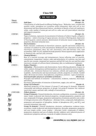 [110][110][110][110][110]
mPpekè;fedmPpekè;fedmPpekè;fedmPpekè;fedmPpekè;fed(XI-XII) ikB~;ozQe&ikB~;ozQe&ikB~;ozQe&ikB~;ozQe&ikB~;ozQe&2007-09
Class-XII
CHEMISTRY
Theory Total Periods : 180
UNIT-I : Solid State : (Periods -12)
Classification of solids based on different binding forces : Molecular, ionic, covalent and
metallic solids, amorphous an crystalline solids (elementary idea) unit cell in two
dimensional and three dimensional lattices, calculation of density of unit cell, packing in
solids, voids, number of atoms per unit cell in a cubic unit cell, point defects, electrical
and magnetic properties.
UNIT-II : Solutions : (Periods -12)
Types of solutions, expression of concentration of solutions of solids in liquids, colligative
properties – relative lowering of vapour pressure, elevation of Boiling point, depression
of freezing point, osmotic pressure, determination of molecular masses using colligative
properties, abnormal molecular mass.
UNIT-III : Electrochemistry : (Periods -14)
Redox reactions, conductance in electrolytic solutions, specific and molar conductivity,
variations of conductivity with concentration, Kohlrausch's law, electrolysis and laws of
electrolysis (elementary idea), dry cell, electrolytic cells and Galvanic cells, lead
accumulator, EMF of a cell, standard electrode potential, Nernst equation and its application
to chemical cells, and fuel cells corrosion.
UNIT-IV : Chemical Kinetics : (Periods -12)
Rate of a reaction (average and instantaneous), factors affecting rates of reaction,
concentration, temperature, catalyst, order and molecularity of a reaction, rate laws and
specific rate constant, integrated rate equations and half life (only for zero and first order
reactions); concepts of collision theory (elementary idea, no mathematical treatment).
UNIT-V : Surface Chemistry : (Periods -8)
Adsorption – Physiosorption and chemisorption; factor affecting adsorption of gases on
solids; catalysis, homogeneous and heterogeneous, activity and selectivity, enzyme catalysis,
colloidal state : distinction between true solutions, colloids and suspensions, lyophilic,
lyophobic, multimolecular and macromolecular colloids; properties of colloids; Tyndall
effect, Brownian movement, electrophoresis, coagulation, emulsion – types of emulsions.
UNIT-VI : General principles and process of Isolation of elements : (Periods -8)
Principles and methods of extraction – concentration, oxidation, reduction, electrolytic
and refining.
Occurence and principles of extraction of aluminium, copper, zinc and iron.
UNIT-VII : Group I & II elements : (Periods -8)
Abnormal properties of first element of group-13 and group-14 elements, Diagonal
relationship and different properties of groups I & group-II elements like chemical
reactivities, atomic and Ionic radii, enthalpi of ionization etc.
UNIT-VIII : P-block elements : (Periods -14)
Group 15 elements : General introduction, electronic configuration, occurrence, oxidation
states, trends in physical and chemical properties, nitrogen-preparation, properties and
uses, compounds of nitrogen, preparation and properties of ammonia and nitric acid, oxides
of nitrogen (structure only), Phosphorous – allotropic forms, compounds of phosphorous,
preparation and properties of phosphine, halides of phosphorous (PCl3
and PCl5
) and
oxoacids (elementary idea only).
Group 16 elements : General introduction, electronic configuration, oxidation states,
occurrence, trends in physical and chemical properties; dioxygen, preparation, properties
and uses simple oxides, ozone sulphur – allotropic forms; compounds of sulphur;
preparation, properties and uses of sulphur dioxide, sulphuric acid; industrial process of
manufacture; properties and uses, oxoacids of sulphur (structure only).
jlk;ujlk;ujlk;ujlk;ujlk;u
 