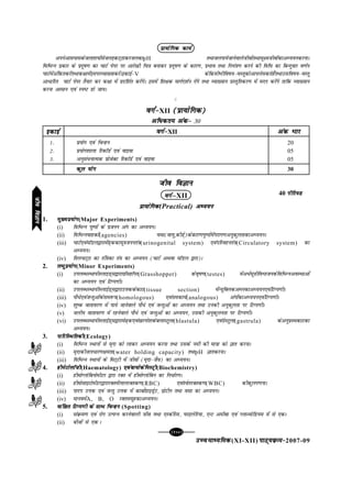 [120][120][120][120][120]
mPpekè;fedmPpekè;fedmPpekè;fedmPpekè;fedmPpekè;fed(XI-XII) ikB~;ozQe&ikB~;ozQe&ikB~;ozQe&ikB~;ozQe&ikB~;ozQe&2007-09
çk;ksfxd dk;Zçk;ksfxd dk;Zçk;ksfxd dk;Zçk;ksfxd dk;Zçk;ksfxd dk;Z
viusvklikldstyk'k;ksalstybdV~BkdjtydkpH rFkktyik;stkusokysthoksarFkklw{ethoksadkvè;;udjukA
fofHkUu izdkj ds iznw"k.k dk pkVZ isij ij vkjs[kh fp=k cukdj iznw"k.k ds dkj.k] izHkko rFkk fu;a=k.k djus dh fof/ dk fcUnqokj o.kZu
pkVZesavafdrdjsarFkkd{kkeasblijO;k[;kdjsaAbdkbZ&V dsfdlhHkhfo"k;&oLrqdksvkiysldrsgSarFkkmlfo"k;&oLrq
vk/kfjr pkVZ isij rS;kj dj d{kk esa iznf'kZr djsaxsA blesa f'k{kd ekxZn'kZu nsaxs rFkk O;k[;ku izLrqfrdj.k esa enn djsaxs rkfd O;k[;ku
djuk vklku ,oa Li"V gks tk;A
C
oxZ&oxZ&oxZ&oxZ&oxZ&XII (çk;ksfxd)(çk;ksfxd)(çk;ksfxd)(çk;ksfxd)(çk;ksfxd)
vf/dre vad&vf/dre vad&vf/dre vad&vf/dre vad&vf/dre vad& 30
tho foKkutho foKkutho foKkutho foKkutho foKku
oxZµoxZµoxZµoxZµoxZµXII
çk;ksfxdçk;ksfxdçk;ksfxdçk;ksfxdçk;ksfxd(Practical) vè;;uvè;;uvè;;uvè;;uvè;;u
1. eq[;ç;ksxeq[;ç;ksxeq[;ç;ksxeq[;ç;ksxeq[;ç;ksx(Major Experiments)
(i) fofHkUu iq"iksa ds iztuu vax dk vè;;uA
(ii) fofHkUuokgdksa(agencies) ;Fkk(ok;q]dhM+s)dsdkj.kiq"iksaesaijkx.kvuqdqyrkdkvè;;uA
(iii) pkVZ,oaekWMy}kjkesa<+ddkew=ktuura=k(urinogenital system) ,oaifjogura=k(Circulatory system) dk
vè;;uA
(iv) frypV~Vk dk raf=kdk ra=k dk vè;;u (pkVZ vFkok ekWMy }kjk)A
2. y?kqç;ksxy?kqç;ksxy?kqç;ksxy?kqç;ksxy?kqç;ksx(Minor Experiments)
(i) miyC/LFkk;hLykbM~l}kjkxzkWlgkWij(Grasshopper) dso`"k.k(testes) esav/Zlw=khfoHkktudsfofHkUuvoLFkkvksa
dk vè;;u ,oa fVIi.khA
(ii) miyC/LFkk;hLykbZM~l}kjkmÙkddsdkV(tissue section) esaU;wfDydvEydkvè;;u,oafVIi.khA
(iii) ikS/s,oatUrqvksadsle:i(homologous) ,oaledk;Z(analogous) vaxksadkvè;;u,oafVIi.khA
(iv) 'kq"d okrkoj.k esa ik;s tkusokys ikS/s ,oa tUrqvksa dk vè;;u rFkk mudh vuqdqyrk ij fVIi.khA
(v) tyh; okrkoj.k esa jgusokys ikS/s ,oa tUrqvksa dk vè;;u] mldh vuqdqyurk ij fVIi.khA
(vi) miyC/LFkk;hLykbZM~l}kjkes<+d,oa[kjxks'kdscykLVqyk(blastula) ,oaxzsLVqyk(gastrula) dsvuqizLFkdkVdk
vè;;uA
3. ikfjfLFkfrdhikfjfLFkfrdhikfjfLFkfrdhikfjfLFkfrdhikfjfLFkfrdh(Ecology)
(i) fofHkUu LFkkuksa ls e`nk dks ykdj vè;;u djuk rFkk mlds ueh dh ek=kk dks Kkr djukA
(ii) e`nkdhty/kj.k{kerk(water holding capacity) rFkkpH KkrdjukA
(iii) fofHkUu LFkkuksa ds feV~Vh esa thoksa (e`nk&tSo) dk vè;;uA
4. ghesVksykWthghesVksykWthghesVksykWthghesVksykWthghesVksykWth(Haematology) ,oack;ksdsfeLVªh,oack;ksdsfeLVªh,oack;ksdsfeLVªh,oack;ksdsfeLVªh,oack;ksdsfeLVªh(Biochemistry)
(i) gheksXyksfcuksehVj }kjk jDr esa gheksXyksfcu dk fu/kZj.kA
(ii) ghekslkbVksehVj}kjkjDresaykyjDrd.k(RBC) ,oa'osrjDrd.k(WBC) dhdqyx.kukA
(iii) ikni mÙkd ,oa tUrq mÙkd esa dkcksZgkbMªsV] izksVhu rFkk olk dk vè;;uA
(iv) ekuoesaA, B, O jDrlewgdkvè;;uA
5. okafNr fVIi.kh ds lkFk fpUguokafNr fVIi.kh ds lkFk fpUguokafNr fVIi.kh ds lkFk fpUguokafNr fVIi.kh ds lkFk fpUguokafNr fVIi.kh ds lkFk fpUgu (Spotting)
(i) laozQe.k ,oa jksx mRiUu djusokyh tho ;Fkk ,Ldsfjl] iQkbysfj;k] ,UV vehck ,oa IykTeksfM;e esa ls ,dA
(ii) chtksa ls ,d A
oxZ&oxZ&oxZ&oxZ&oxZ&XII vad Hkkjvad Hkkjvad Hkkjvad Hkkjvad Hkkj
1- ç;ksx ,oa fpUgu 20
2- ç;ksx'kkyk fjdkWMZ ,oa okbok 05
3- vuqla/ukRed çkstsDV fjdkWMZ ,oa okbok 05
dqy ;ksxdqy ;ksxdqy ;ksxdqy ;ksxdqy ;ksx 30
40 ihfj;Mihfj;Mihfj;Mihfj;Mihfj;M
bdkbZbdkbZbdkbZbdkbZbdkbZ
thofoKkuthofoKkuthofoKkuthofoKkuthofoKku
 