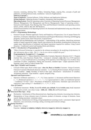 [132][132][132][132][132]
mPpekè;fedmPpekè;fedmPpekè;fedmPpekè;fedmPpekè;fed(XI-XII) ikB~;ozQe&ikB~;ozQe&ikB~;ozQe&ikB~;ozQe&ikB~;ozQe&2007-09
structure, renaming, deleting files / folders, formatting floppy, copying files, concepts of path and
pathname, switching between tasks, installation / removal of applications;
Software Concepts :-
Types of Software : System Software, Utility Software and Application Software;
System Software : Opearing System, Compilers, Interpreters and Assembler;
Operating System : Need for operating system, Functions of Operating System (Processor Management,
Memory Management, File Management and Device Management), Types of operating system –
Interactive (GUI based), Time Sharing, Real Time and Distributed; Commonly used operating systems
Solaris, UNIX, LINUX, Mac OS, MS Windows;
General Functionalities of an Operating System to be illustrated and implemented using any of the above
operating systems.
UNIT-2 : Programming Methodology
l General Concepts; Modular approach; Clarity and Simplicity of Expressions, Use of proper Names for
identifiers, Comments, Indentation; Documentation and Program Maintenance; Running and Debugging
programs, Syntax Errors, Run-Time Errors, Logical Errors;
Problem Solving Methodology and Techniques : Understanding of the problem, Identifying minimum
number of inputs required for output, Step by step solution for the problem, breaking down solution into
simple steps, Identification of arithmetic and logical operations required for solution, Using Control
Structure : Conditional control and looping (finite and infinite);
UNIT-3 : Introduction to Programming in C++
l "Object Oriented Technology is regarded as the ultimate paradigm for the modeling of information, be
that information data or logic. The C++ has by now shown to fulfill this goal."
Programming by Example in C++ Language :
C++ character set, C++ Tokens (Identifiers, Keywords, Constants, Operators), Structure of a C++ Program
(include files, main function); Header files – iostream.h. iomanip.h; cout, cin; Use of I/O operators
(<< and >>), Use of endl and setw (), Cascading of I/O operators, Error Messages; Use of editor, basic
commands of editor, compilation, linking and execution; standard input / output operations from C
language; gets(), puts() of stdio.h header file;
Data Types, Variables and Constants :
l Concept of Data types; Built-in Data types : char, int, float and double; Constants : Integer Constants,
Character Constants (Backslash character constants – n, t), Floating Point Constants, String Constants;
Access modifier : const; Variables of built-in data types, Declaration / initialisation of variables,
Assignment statement : Type modifier ; signed, unsigned, long;
Operators and Experessions :
l Operators Arithmetic operators (–, +, *, /, %), Unary operator (–), Increment and Decrement Operators
(–, ++), Relational operators (>, >=, <, <=, = =, !=), Logical operators (!, &&, ||), Conditional operator
: <condition>?<if true>:<else>; Precedence of Operators; Expressions; Automatic type conversion in
expression, Type casting; C++ shorthand's (+=, –=, *=, /=, %=);
Flow of Control :
l Conditional statements : if-else, Nested if, switch..case..default, Nested switch..case, break statement
(to be used in switch..case only); Loops : while, do - while, for and Nested loops;
Structured Data Type : Array
l Declaration / initialisation of One-dimensional arry, Inputting array elements, Accessing array elements,
Manipulation of Array elements (sum of elements, product of elements, average of elements, linear
search, finding maximum / minimum value);
Declaration / Initialization of a String, string manipulations (counting vowels / consonants/ digits/special
characters, case conversion, reversing a string, reversing each word of a string);
String Functions :
l Header File : string.h
Function : isalnum (), isalpha(), isdigit(), islower(), isupper(), tolower(), toupper ();
dEI;wVjlk;aldEI;wVjlk;aldEI;wVjlk;aldEI;wVjlk;aldEI;wVjlk;al
 