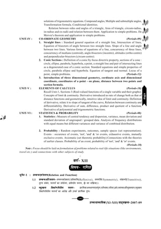 mPpekè;fedmPpekè;fedmPpekè;fedmPpekè;fedmPpekè;fed(XI-XII) ikB~;ozQe&ikB~;ozQe&ikB~;ozQe&ikB~;ozQe&ikB~;ozQe&2007-09
[79][79][79][79][79]
solutions of trigonometric equations. Compound angles, Multiple and submultiple angles,
Transformation formula. Conditional identities.
Relation between sides and angles of a triangle, Area of triangle, circum-radius,
in-radius and ex-radii and relation between them. Application to simple problems. De
Moivre's theorem and application to simple problems.
UNIT-IV : CO-ORDINATE GEOMETRY (Periods-09)
1. Straight lines : Standard general equation of a straight line, Intersection of lines,
Equation of bisectors of angle between two straight lines. Slope of a line and angle
between two lines. Various forms of equations of a line, concurrency of three lines,
concurrency of medians (centroid), angle-bisectors (incentre), altitudes (ortho-centre)
and perpendicular-bisectors (circum-centre).
2. Conic Sections : Definition of a conic by focus directrix property, sections of a cone :
circle, ellipse, parabola, hyperbola, a point, a straight line and pair of intersecting lines
as a degenerated case of a conic section. Standard equations and simple properties of
circle, parabola ellipse and hyperbola. Equation of tangent and normal. Locus of a
point, simple problems. (Periods-12)
3. Introduction of three dimensional geometry, cordinate axis and dimensional
coordinate, coordinates of a point - on plane, distance between two points and
section formula.
UNIT-V : ELEMENTS OF CALCULUS (Periods-18)
Recall Unit-1, Sections 3 (Real-valued functions of a single variable and their graphs).
Concepts of limit & continuity. Derivative introduced as rate of change both as that of
distance functions and geometrically, intuitive idea of limit and continuity. Definition
of derivative, relate it to slope of tangent of the curve, Relation between continuity and
differentiability. Derivative of sum, difference, product and quotient of a function,
Derivative of polynomial and trigonometric functions.
UNIT-VI : STATISTICS & PROBABILITY (Periods-08)
1. Statistics : Measure of central tendency and dispersion, variance, mean deviation and
standard deviation of ungrouped / grouped data. Analysis of frequency distributions
with equal means but different variances and variance of combined distribution.
2. Probability : Random experiments, outcomes, sample spaces (set representation).
Events : occurence of events, 'not', 'and' & 'or events, exhaustive events, mutually
exclusive events. Axiomatic (set theorotic probability) Connections with the theories
of earlier classes. Probability of an event, probability of 'not', 'and' & 'or' events.
(Periods-10)
Note : Focus should be laid on formulation of problems related to real-life situations (like environments,
travel etc.) and connections with other subjects of study.
C
oxZ&oxZ&oxZ&oxZ&oxZ& XII
fo"k;& xf.krfo"k;& xf.krfo"k;& xf.krfo"k;& xf.krfo"k;& xf.kr
;wfuV&;wfuV&;wfuV&;wfuV&;wfuV&1 : lEcU/,oaiQyulEcU/,oaiQyulEcU/,oaiQyulEcU/,oaiQyulEcU/,oaiQyu(Relation and Function)
1.1 lEcU/vkSjiQyuµlEcU/vkSjiQyuµlEcU/vkSjiQyuµlEcU/vkSjiQyuµlEcU/vkSjiQyuµlEcU/dsçdkj(çfrorhZ;(Reflexive), leehfr(Symmetric), laozQkHkh(Transitive),
rqY; laca/] iQyuksa dk la;kstu] çfrykse iQyu] f}&pj lafozQ;k)A
1.2 O;qRozQe f=kdks.kfefr; iQyuµO;qRozQe f=kdks.kfefr; iQyuµO;qRozQe f=kdks.kfefr; iQyuµO;qRozQe f=kdks.kfefr; iQyuµO;qRozQe f=kdks.kfefr; iQyuµ çkjafHkdvo/kj.kk,oaxq.k]ifjHkk"kk]ifjlj]çkar]O;kidvkSjeq[;eku]O;qRozQe
f=kdks.kfefr; iQyuksa dk vkjs[k vkSj buds çkjafHkd xq.kA
xf.krxf.krxf.krxf.krxf.kr
 