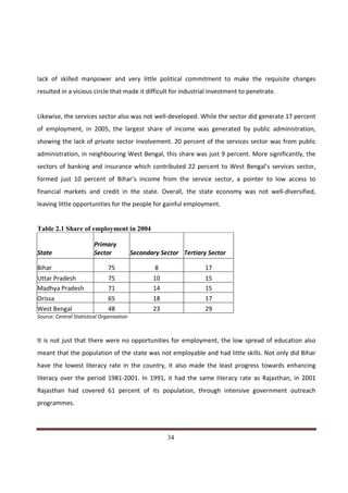 lack of skilled manpower and very little political commitment to make the requisite changes
resulted in a vicious circle that made it difficult for industrial investment to penetrate.


Likewise, the services sector also was not well-developed. While the sector did generate 17 percent
of employment, in 2005, the largest share of income was generated by public administration,
showing the lack of private sector involvement. 20 percent of the services sector was from public
administration, in neighbouring West Bengal, this share was just 9 percent. More significantly, the
sectors of banking and insurance which contributed 22 percent to West Bengal’s services sector,
formed just 10 percent of Bihar’s income from the service sector, a pointer to low access to
financial markets and credit in the state. Overall, the state economy was not well-diversified,
leaving little opportunities for the people for gainful employment.


Table 2.1 Share of employment in 2004

                         Primary
State                    Sector            Secondary Sector Tertiary Sector

Bihar                          75                  8                17
Uttar Pradesh                  75                 10                15
Madhya Pradesh                 71                 14                15
Orissa                         65                 18                17
West Bengal                    48                 23                29
Source: Central Statistical Organisation



It is not just that there were no opportunities for employment, the low spread of education also
meant that the population of the state was not employable and had little skills. Not only did Bihar
have the lowest literacy rate in the country, it also made the least progress towards enhancing
literacy over the period 1981-2001. In 1991, it had the same literacy rate as Rajasthan, in 2001
Rajasthan had covered 61 percent of its population, through intensive government outreach
programmes.



Indicus Analytics Pvt. Ltd.                                                                     Page
 nd                                                 34
2 Floor, Nehru House, 4 BSZ Marg, New Delhi – 110002
Email: mail@indicus.net
 
