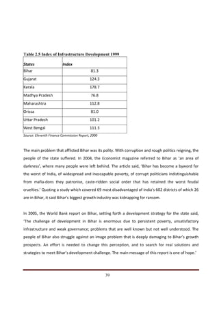 Table 2.5 Index of Infrastructure Development 1999

States                   Index
Bihar                                      81.3
Gujarat                                    124.3
Kerala                                     178.7
Madhya Pradesh                             76.8
Maharashtra                                112.8
Orissa                                     81.0
Uttar Pradesh                              101.2
West Bengal                                111.3
Source: Eleventh Finance Commission Report, 2000



The main problem that afflicted Bihar was its polity. With corruption and rough politics reigning, the
people of the state suffered. In 2004, the Economist magazine referred to Bihar as ‘an area of
darkness’, where many people were left behind. The article said, ‘Bihar has become a byword for
the worst of India, of widespread and inescapable poverty, of corrupt politicians indistinguishable
from mafia-dons they patronise, caste-ridden social order that has retained the worst feudal
cruelties.’ Quoting a study which covered 69 most disadvantaged of India's 602 districts of which 26
are in Bihar, it said Bihar's biggest growth industry was kidnapping for ransom.


In 2005, the World Bank report on Bihar, setting forth a development strategy for the state said,
‘The challenge of development in Bihar is enormous due to persistent poverty, unsatisfactory
infrastructure and weak governance; problems that are well known but not well understood. The
people of Bihar also struggle against an image problem that is deeply damaging to Bihar’s growth
prospects. An effort is needed to change this perception, and to search for real solutions and
strategies to meet Bihar’s development challenge. The main message of this report is one of hope.’



Indicus Analytics Pvt. Ltd.                                                                        Page
 nd                                                 39
2 Floor, Nehru House, 4 BSZ Marg, New Delhi – 110002
Email: mail@indicus.net
 