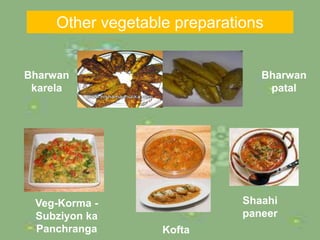 Kofta
Bharwan
karela
Veg-Korma -
Subziyon ka
Panchranga
Shaahi
paneer
Bharwan
patal
Other vegetable preparations
 