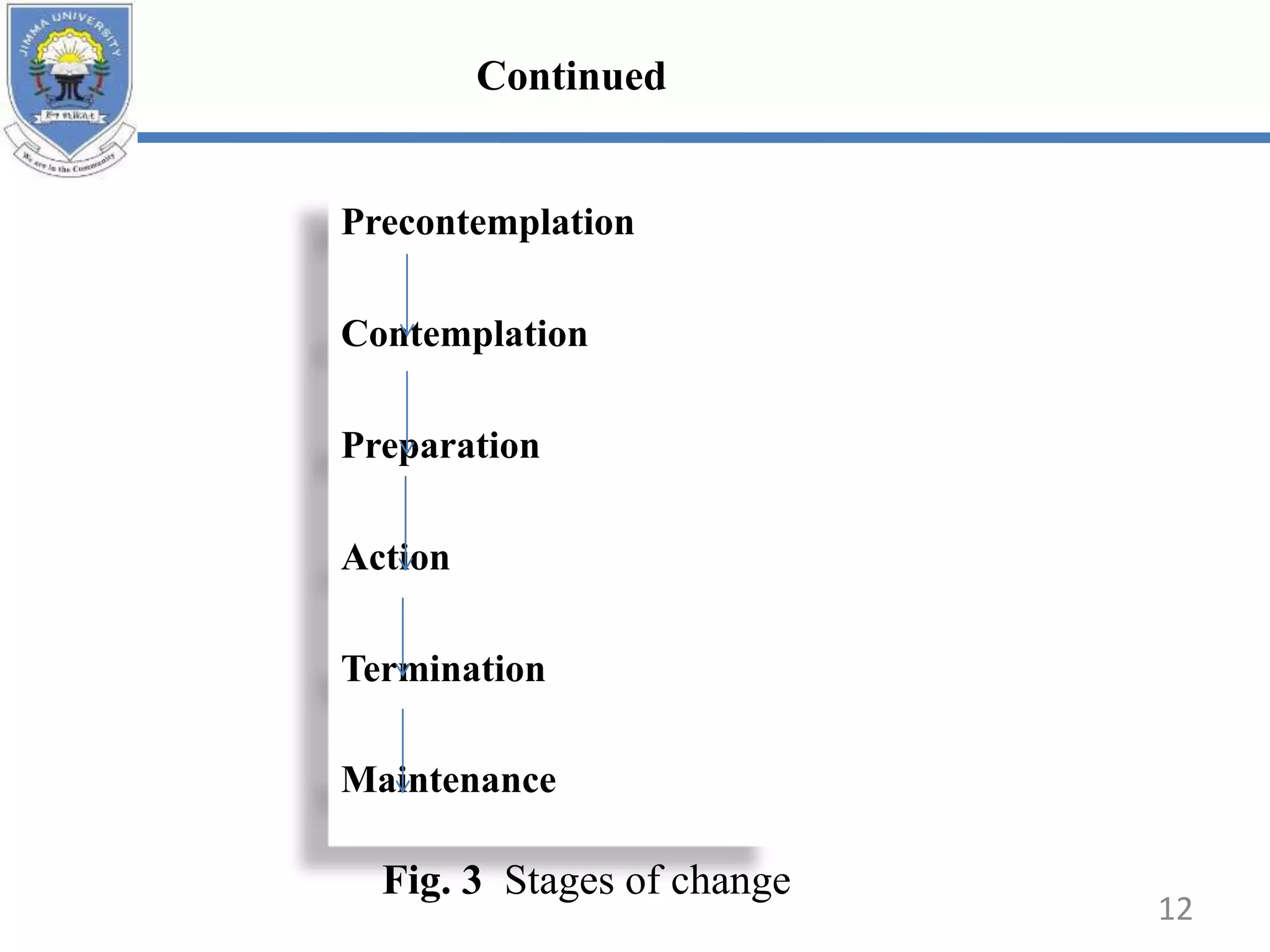 Precontemplation
Contemplation
Preparation
Action
Termination
Maintenance
12
Fig. 3 Stages of change
Continued
 