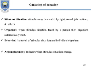  Stimulus Situation: stimulus may be created by light, sound, job routine ,
& others.
 Organism: when stimulus situation faced by a person then organism
automatically start.
 Behavior: is a result of stimulus situation and individual organism.
 Accomplishment: It occurs when stimulus situation change.
Causation of behavior
20
 
