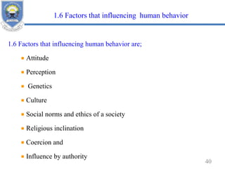 1.6 Factors that influencing human behavior are;
Attitude
Perception
Genetics
Culture
Social norms and ethics of a society
Religious inclination
Coercion and
Influence by authority
40
1.6 Factors that influencing human behavior
 