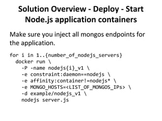 Solution Overview - Deploy - Start
Node.js application containers
Make sure you inject all mongos endpoints for
the applic...