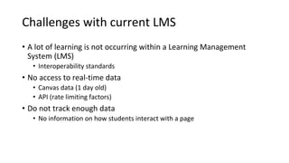 Challenges with current LMS
• A lot of learning is not occurring within a Learning Management
System (LMS)
• Interoperabil...
