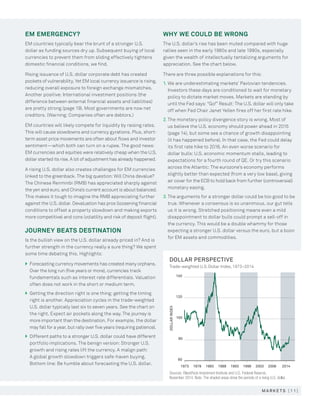 [ 1 1 ]m a r k e t s
Sources: BlackRock Investment Institute and U.S. Federal Reserve,
November 2014. Note: The shaded areas show the periods of a rising U.S. dollar.
DOLLAR PERSPECTIVE
Trade-weighted U.S. Dollar Index, 1973–2014
140
120
100
80
60
1973 1978 1983 1988 1993 1998 2003 2008 2014
DOLLARINDEX
EM EMERGENCY?
EM countries typically bear the brunt of a stronger U.S.
dollar as funding sources dry up. Subsequent buying of local
currencies to prevent them from sliding effectively tightens
domestic financial conditions, we find.
Rising issuance of U.S. dollar corporate debt has created
pockets of vulnerability. Yet EM local currency issuance is rising,
reducing overall exposure to foreign exchange mismatches.
Another positive: International investment positions (the
difference between external financial assets and liabilities)
are pretty strong (page 19). Most governments are now net
creditors. (Warning: Companies often are debtors.)
EM countries will likely compete for liquidity by raising rates.
This will cause slowdowns and currency gyrations. Plus, short-
term asset price movements are often about flows and investor
sentiment—which both can turn on a rupee. The good news:
EM currencies and equities were relatively cheap when the U.S.
dollar started its rise. A lot of adjustment has already happened.
A rising U.S. dollar also creates challenges for EM currencies
linked to the greenback. The big question: Will China devalue?
The Chinese Renminbi (RMB) has appreciated sharply against
the yen and euro, and China’s current account is about balanced.
This makes it tough to imagine the RMB appreciating further
against the U.S. dollar. Devaluation has pros (loosening financial
conditions to offset a property slowdown and making exports
more competitive) and cons (volatility and risk of deposit flight).
JOURNEY BEATS DESTINATION
Is the bullish view on the U.S. dollar already priced in? And is
further strength in the currency really a sure thing? We spent
some time debating this. Highlights:
}	Forecasting currency movements has created many orphans.
Over the long run (five years or more), currencies track
fundamentals such as interest rate differentials. Valuation
often does not work in the short or medium term.
}	Getting the direction right is one thing; getting the timing
right is another. Appreciation cycles in the trade-weighted
U.S. dollar typically last six to seven years. See the chart on
the right. Expect air pockets along the way. The journey is
more important than the destination. For example, the dollar
may fall for a year, but rally over five years (requiring patience).
}	Different paths to a stronger U.S. dollar could have different
portfolio implications. The benign version: Stronger U.S.
growth and rising rates lift the currency. A malign path:
A global growth slowdown triggers safe-haven buying.
Bottom line: Be humble about forecasting the U.S. dollar.
WHY WE COULD BE WRONG
The U.S. dollar’s rise has been muted compared with huge
rallies seen in the early 1980s and late 1990s, especially
given the wealth of intellectually tantalizing arguments for
appreciation. See the chart below.
There are three possible explanations for this:
1.	We are underestimating markets’ Pavlovian tendencies.
Investors these days are conditioned to wait for monetary
policy to dictate market moves. Markets are standing by
until the Fed says: “Go!” Result: The U.S. dollar will only take
off when Fed Chair Janet Yellen fires off her first rate hike.
2.	The monetary policy divergence story is wrong. Most of
us believe the U.S. economy should power ahead in 2015
(page 14), but some see a chance of growth disappointing
(it has happened before). In that case, the Fed could delay
its first rate hike to 2016. An even worse scenario for
dollar bulls: U.S. economic momentum stalls, leading to
expectations for a fourth round of QE. Or try this scenario
across the Atlantic: The eurozone’s economy performs
slightly better than expected (from a very low base), giving
air cover for the ECB to hold back from further (controversial)
monetary easing.
3.	The arguments for a stronger dollar could be too good to be
true. Whenever a consensus is so unanimous, our gut tells
us it is wrong. Stretched positioning means even a mild
disappointment to dollar bulls could prompt a sell-off in
the currency. This would be a double whammy for those
expecting a stronger U.S. dollar versus the euro, but a boon
for EM assets and commodities.
 