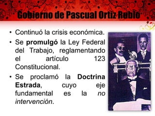 Gobierno de Pascual Ortiz Rubio
• Continuó la crisis económica.
• Se promulgó la Ley Federal
del Trabajo, reglamentando
el artículo 123
Constitucional.
• Se proclamó la Doctrina
Estrada, cuyo eje
fundamental es la no
intervención.
 