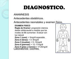 DIAGNOSTICO.
ANAMNESIS
Antecedentes obstétricos.
Antecedentes neonatales y examen físico.
Laboratorios: coombs.
EXAMEN FISICO
Regla de Kramer: progresión ictericia
desde cefalocaudal a medida que los
niveles de Bb aumentan. Evaluar con
luz natural
Zona 1 (cara): < 5mg/dl esperable.
Zona 2 (tórax): < 5 -8mg/dl
Zona 3 (muslos): < 9 -12mg/dl
Zona 4 (piernas): < 12 -17mg/dl
Zona 5 (pies y manos):< 17-25mg/dl
 