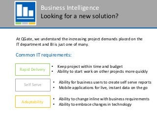 Business Intelligence
Looking for a new solution?
Common IT requirements:
At QGate, we understand the increasing project demands placed on the
IT department and BI is just one of many.
• Keep project within time and budget
• Ability to start work on other projects more quickly
Rapid Delivery
Self Serve
• Ability for business users to create self serve reports
• Mobile applications for live, instant data on the go
Adaptability
• Ability to change inline with business requirements
• Ability to embrace changes in technology
 