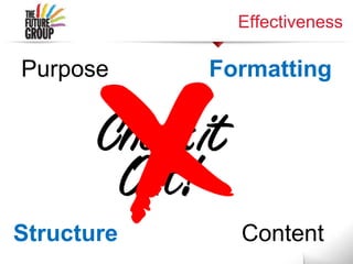Effectiveness
Purpose Formatting
Structure Content
 