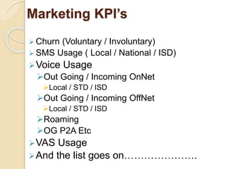 Marketing KPI’s 
 Churn (Voluntary / Involuntary) 
SMS Usage ( Local / National / ISD) 
Voice Usage 
Out Going / Incoming OnNet 
Local / STD / ISD 
Out Going / Incoming OffNet 
Local / STD / ISD 
Roaming 
OG P2A Etc 
VAS Usage 
And the list goes on…………………. 
 
