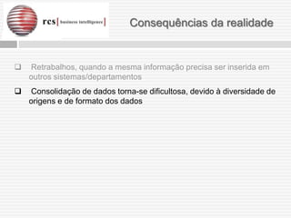 Consequências da realidade


   Retrabalhos, quando a mesma informação precisa ser inserida em
    outros sistemas/departamentos
   Consolidação de dados torna-se dificultosa, devido à diversidade de
    origens e de formato dos dados
 
