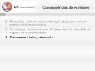 Consequências da realidade


   Retrabalhos, quando a mesma informação precisa ser inserida em
    outros sistemas/departamentos
   Consolidação de dados torna-se dificultosa, devido à diversidade de
    origens e de formato dos dados
   Fechamentos e balanços demorados
 