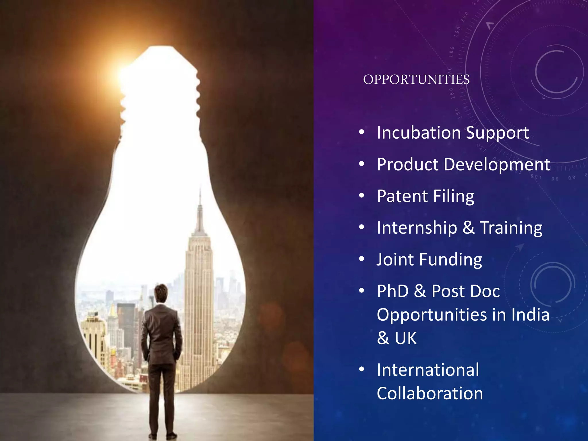 OPPORTUNITIES
• Incubation Support
• Product Development
• Patent Filing
• Internship & Training
• Joint Funding
• PhD & Post Doc
Opportunities in India
& UK
• International
Collaboration
 