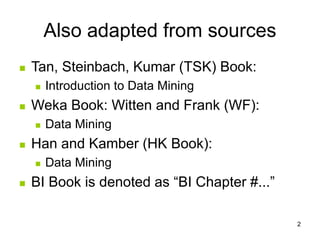 2
Also adapted from sources
 Tan, Steinbach, Kumar (TSK) Book:
 Introduction to Data Mining
 Weka Book: Witten and Frank (WF):
 Data Mining
 Han and Kamber (HK Book):
 Data Mining
 BI Book is denoted as “BI Chapter #...”
 