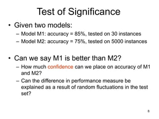 8
Test of Significance
• Given two models:
– Model M1: accuracy = 85%, tested on 30 instances
– Model M2: accuracy = 75%, tested on 5000 instances
• Can we say M1 is better than M2?
– How much confidence can we place on accuracy of M1
and M2?
– Can the difference in performance measure be
explained as a result of random fluctuations in the test
set?
 